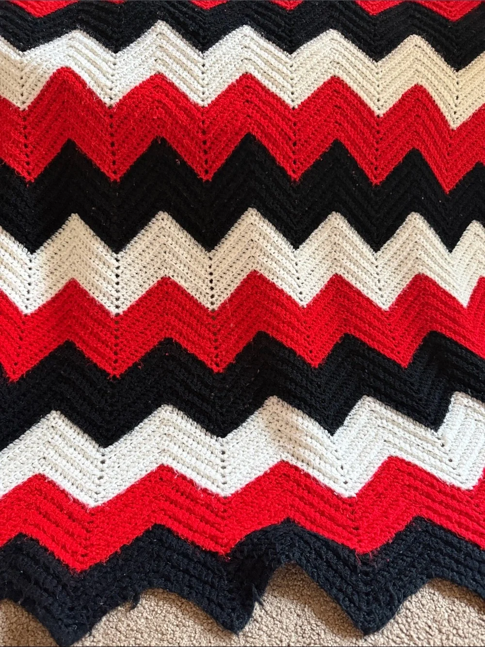 Hand Crafted Red Black White Chevron Crochet Throw Blanket